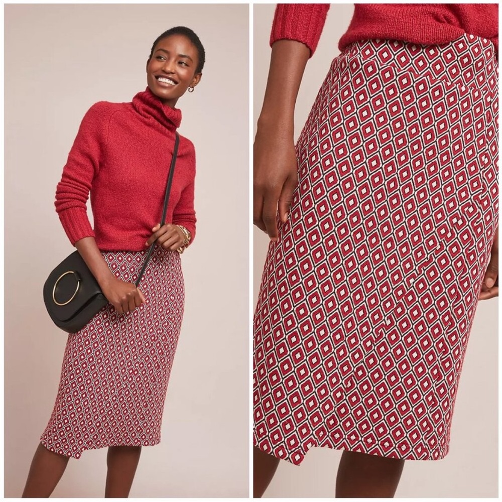 Anthropologie Maeve Red and White Diamond Pencil Skirt Size S